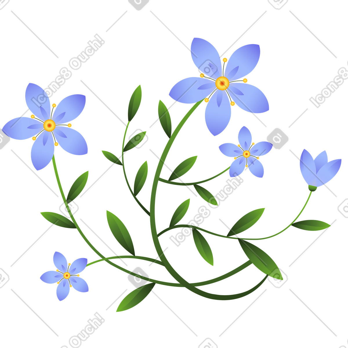 Piccoli fiori blu con steli intrecciati illustrazione in stile Blossom scarica in PNG, SVG