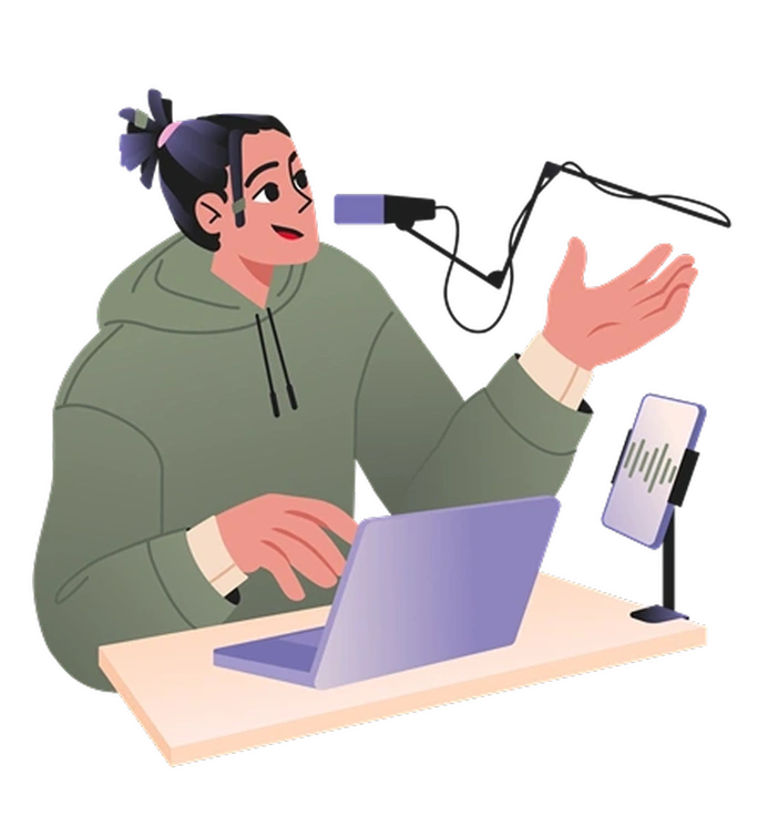 A person speaking into a microphone while working - Coworking style illustration
