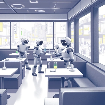 An interior view of a restaurant with a futuristic design inspired by robotics. The space is filled with sleek metallic surfaces and illuminated by soft ambient lighting. Multiple robotic waiters move between tables, carrying dishes and drinks. Guests are seated at modern tables, each equipped with holographic displays. Large windows offer a view of a bustling Tokyo street, with neon signs visible outside. Various robotic motifs and decor elements are integrated throughout the space, enhancing the theme. The atmosphere is lively, with patrons interacting with the technology around them.