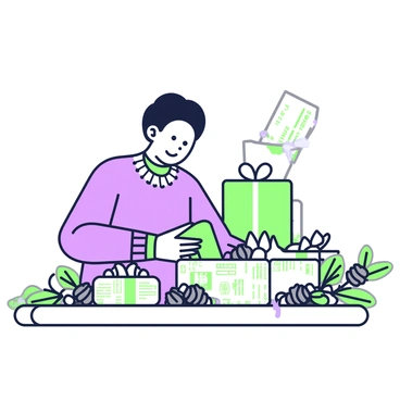 A person is sitting at a wooden table, wrapping gifts with recycled newspapers. The newspapers have visible text and images printed on them. The gifts are neatly shaped and tied with twine, which is coiled and has loose ends. Surrounding the person, there are natural elements such as pinecones, small branches, and dried leaves scattered on the table. The person is wearing a cozy sweater and has a focused expression while carefully folding the paper. In the background, a few more presents can be seen, partially wrapped, creating a sense of a festive atmosphere.