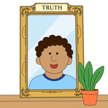 A person looking into a mirror labeled 'Truth' and seeing their honest reflection