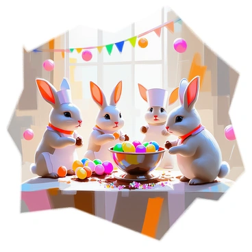 Inside a magical chocolate factory, a scene unfolds where several whimsical Easter bunnies are busy making and molding colorful chocolate eggs. The bunnies, with soft fur in shades of white, brown, and gray, are wearing tiny aprons and chef hats, showcasing their dedication to their craft. 

Large mixing bowls filled with melted chocolate sit on various workstations, and the air is filled with the sweet aroma of cocoa. Some bunnies are carefully pouring the chocolate into egg-shaped molds, while others are decorating the eggs with vibrant sprinkles and edible glitter. 

The factory is filled with oversized candy decorations, such as lollipops and gumdrops, adding to the enchanting atmosphere. Brightly colored streamers hang from the ceiling, and sunlight streams through large windows, illuminating the joyful scene of the bunnies at work.