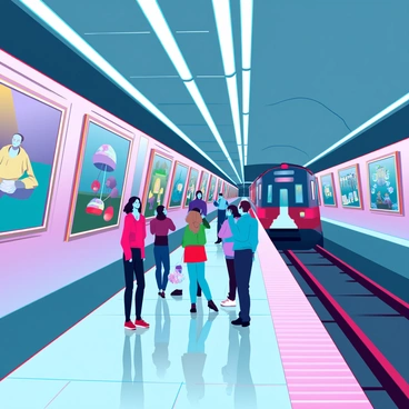 A subway station with sleek, metallic walls and bright overhead lighting. Along the walls, there are multiple large framed artworks displayed. Each artwork features vibrant colors and different styles, ranging from abstract to impressionist. People of various ages and backgrounds are pausing to admire the pieces, some taking photos while others discuss the art. The platform is bustling with commuters, while a train approaches in the background, creating a dynamic atmosphere. The floor is polished tile, reflecting the colorful artworks above.