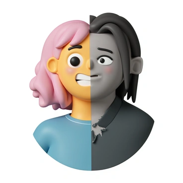 A character with split faces is standing in a neutral pose. The left side of the face is vibrant and colorful, featuring bright blue and yellow hues, with a wide smile and sparkling eyes. The hair on this side is a lively shade of pink, styled in loose curls. The right side of the face is dark and gloomy, with shades of gray and black dominating, showing a frown and tired eyes, framed by straight, jet-black hair. The character wears a colorful shirt on the left side and a tattered dark jacket on the right side, enhancing the contrast between the two faces. The background is simple, allowing the focus to remain on the character's striking duality.