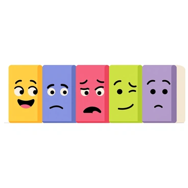 A set of five matchboxes with distinct rectangular shapes, each featuring a colorful painted design of expressive human faces. The first matchbox shows a smiling face with large round eyes and a wide grin, painted in bright yellow. The second matchbox has a surprised expression, with raised eyebrows and an open mouth, using a vibrant blue color. The third matchbox displays a frowning face with drooping eyes and a downturned mouth, rendered in deep red. The fourth matchbox features a winking face, complete with a cheeky smile, painted in green. The fifth matchbox displays a contemplative expression, with furrowed brows and pursed lips, colored in soft purple. The matchboxes are arranged in a straight line against a flat surface, allowing the colorful expressions to stand out.