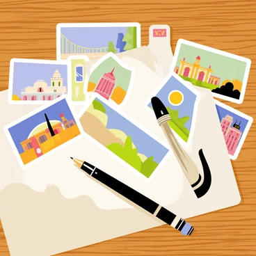 A collection of vintage postcards laid out on a wooden desk next to an ink pen