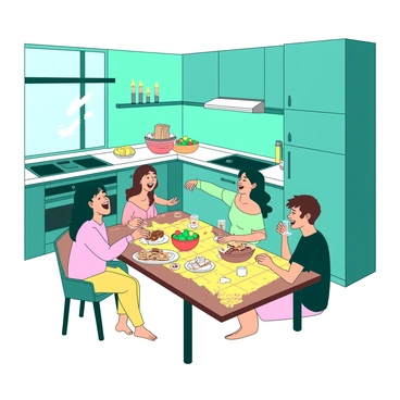 A teal kitchen is softly illuminated by the warm glow of several flickering candles placed on the countertops. In the center, there is a wooden table covered with a yellow checkered tablecloth, adorned with plates of assorted snacks, sandwiches, and bowls of colorful fruits. A group of friends is gathered around the table, laughing and enjoying themselves. One person is pouring a drink into a glass while another is playfully reaching for a sandwich. The atmosphere is lively, with smiles and gestures of joy among the friends, creating a sense of camaraderie in the cozy kitchen setting.