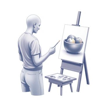 An artist stands in front of an easel, focused on painting a still life composition. On the easel, a canvas displays a partially completed painting of a bowl filled with peaches. The bowl is round and glossy, showcasing the texture of the surface. The peaches are plump and round, arranged thoughtfully in the bowl. The artist holds a paintbrush in one hand, while the other hand is poised to mix colors on a palette nearby. The scene conveys a sense of concentration and creativity.