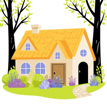A cozy witch's cottage nestled in the woods. The cottage features a thatched roof with uneven, textured straw. Surrounding the cottage, there are clusters of vibrant, magical herbs in various shades of green and purple, some with tiny glowing flowers. The windows of the cottage are adorned with lace curtains, and a wooden door is slightly ajar. A cobblestone path leads from the door into the lush woods, where tall trees with swirling branches frame the scene.
