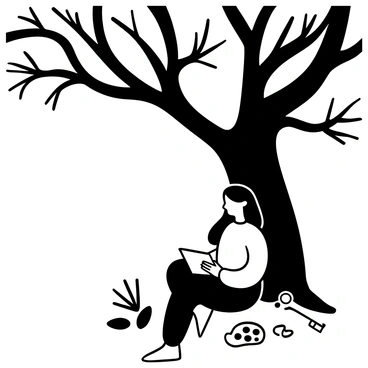 A woman with dark, long hair is sitting under a large, sprawling tree with intricate branches. She is focused on sketching in a notebook that rests on her lap. The ground is covered with leaves, and the light filtering through the tree branches creates a pattern on the ground around her. A few art supplies are scattered nearby, including pencils and a small palette, hinting at her creative activity. The scene conveys a calm atmosphere of productivity and nature.