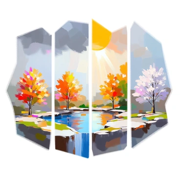 A series of four panels illustrating the water cycle through the changing seasons. The first panel depicts "spring rain," featuring dark gray clouds releasing gentle rain over a lush green landscape with blooming flowers and fresh greenery. The second panel shows "summer sun," with bright yellow rays streaming down over a vibrant blue lake, surrounded by green trees reflecting sunlight on the water's surface. The third panel captures "autumn leaves," showcasing a colorful assortment of red, orange, and yellow leaves falling from trees as a gentle breeze stirs the air, with a clear sky above. The final panel presents "winter snow," illustrating soft white snowflakes falling quietly onto a tranquil scene of bare trees and a snowy landscape, creating a serene, peaceful atmosphere.