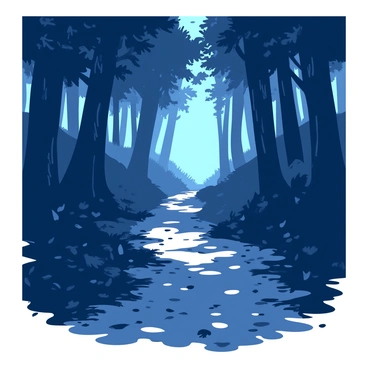 A winding path stretches through a dark forest filled with tall, shadowy trees that loom overhead. The ground is covered in a layer of fallen leaves, partially obscured by thick fog that swirls around the trunks. Sporadic bursts of light break through the fog, casting bright patches on the path and highlighting the eerie atmosphere. The light reflects off the damp surfaces, creating a contrast between the shadows and illuminated areas. A sense of mystery surrounds the scene, inviting exploration into the depths of the forest.