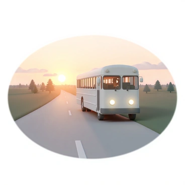 A white school bus is driving down a rural road. The road is flanked by green fields and a few scattered trees. It is early morning, and the sun is rising on the horizon, casting golden light that streams through the bus windows. The sky is painted in soft hues of orange and pink, creating a warm atmosphere. The bus's headlights are on, illuminating the road ahead as it moves steadily forward.