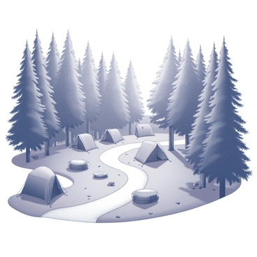 A winding trail leading through a dense forest. The path is flanked by tall trees with thick trunks and lush foliage. Several tents are set up in a clearing at the end of the trail, creating a warm and inviting campsite. Each tent is pitched neatly, with openings facing the trail, allowing for easy access. A few logs are arranged around a central fire pit, suggesting a gathering area for campers. The ground is covered with a mix of leaves and grass, enhancing the natural ambiance of the scene.