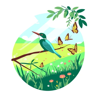 A teal kingfisher perched elegantly on a slender branch in the foreground. Surrounding the kingfisher, there are multiple butterflies in various positions, showcasing a range of bright colors including yellow and orange. The butterflies have intricate patterns on their wings, fluttering gracefully in the air. In the background, a sun-dappled meadow is filled with lush green grass and scattered wildflowers, creating a vibrant environment. Soft rays of sunlight filter through the leaves above, illuminating the scene.