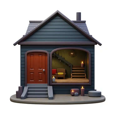 A spooky haunted house set with creaky stairs, flickering candlelight, and cobweb-covered corners