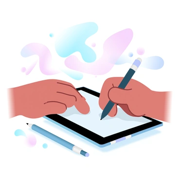 A pair of hands is positioned over a graphic tablet, with fingers poised to draw. The tablet is illuminated by a soft glow, highlighting the sleek design and texture of the surface. In the background, a vibrant digital illustration can be seen taking shape, featuring a blend of gradient pastel colors that swirl and flow together. The workspace includes a stylus, resting beside the tablet, ready for use. Various colors and shapes are visible on the tablet screen, indicating the ongoing creation process.