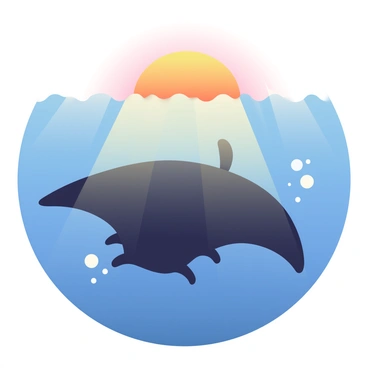 A black silhouette of a manta ray glides gracefully beneath the water's surface. Above, the sun is setting, casting warm hues of orange, pink, and purple across the sky. The rays of sunlight penetrate the water, creating a soft gradient effect in the blue depths. Bubbles rise from the manta ray, adding texture to the tranquil scene. In the distance, the outlines of gentle waves can be seen, reflecting the colors of the sunset.