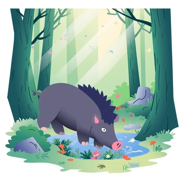 A wild boar with dark bristly fur is exploring a small hidden hollow in a dense forest. Sunlight filters through the canopy of tall, green trees, casting dappled shadows on the forest floor. The boar’s snout is close to the ground, sniffing around a cluster of ferns and wildflowers. Various fallen leaves and twigs surround the hollow, adding texture to the scene. In the background, there are glimpses of other forest elements, such as moss-covered rocks and a babbling brook nearby. The atmosphere is lively with small birds flitting through the branches above.