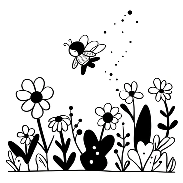 A small bee in a detailed tiny space suit is hovering above a vibrant landscape made entirely of flowers. The bee's suit has intricate patterns and a small antenna protruding from the top. Various flowers of unique shapes and sizes create a colorful terrain below. Some flowers are tall with broad petals while others are small and delicate, adding diversity to the scene. The bee is surrounded by a gentle swarm of pollen particles, giving a sense of movement and exploration. In the background, there are more clusters of flowers stretching towards the horizon.