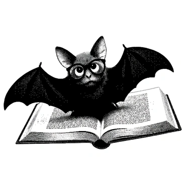 A friendly bat with large, round glasses is perched on the pages of an open gothic book. The bat has soft, rounded features, and its wings are slightly spread, creating a sense of curiosity as it gazes at the viewer. The gothic book has intricate designs on its cover, and the pages are filled with detailed illustrations and ornate text. The bat's eyes are bright and expressive, adding to its friendly demeanor. The overall scene captures a charming interaction between the bat and the viewer.