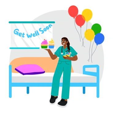 A cartoon nurse wearing scrubs and a cheerful smile stands in a hospital room, hosting a small party. The nurse holds a plate of colorful cupcakes topped with swirls of frosting. Around her are vibrant balloons in various colors, including red, blue, yellow, and green, floating above and tied to the hospital bed. A small banner reading "Get Well Soon" is draped across the wall, adding to the festive atmosphere. The room is bright with sunlight streaming through a window, illuminating the cheerful decorations.