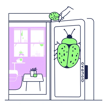 An insect is perched on the edge of a family's front door. The door is wooden, with a metal handle and a decorative wreath hung on it. The insect, resembling a small beetle, has intricate patterns on its shell. It is positioned at the top, with one antenna extended outward, as if it is curiously surveying the surroundings. Through the glass panel of the door, faint outlines of a living room can be seen, with a couch and a coffee table. The scene captures the moment of the insect's exploration at the threshold of the home.