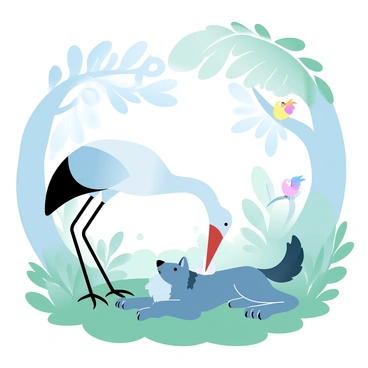 A crane with long legs stands next to a wolf in a lush green forest. The crane is leaning down, using its beak to carefully remove a bone that is lodged in the wolf's throat. The wolf is lying on the forest floor, surrounded by ferns and tall grass. Sunlight filters through the dense canopy above, creating patterns of light and shadow on the ground. Nearby, a few colorful birds perch on branches, watching the scene unfold. "Help" is subtly indicated above the crane and wolf in large, gentle letters.