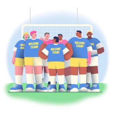 A group of five athletes is gathered in a huddle on a grassy field. They are wearing matching jerseys with the phrase "Welcome Back Team!" printed prominently on the front in bold letters. The jerseys are bright blue with white and yellow accents. Each athlete is displaying a determined expression, with their hands placed together in the center of the huddle. In the background, there are goalposts and a clear blue sky, giving the scene a vibrant and energetic atmosphere. The grass is lush and green, complementing the colorful uniforms of the team.