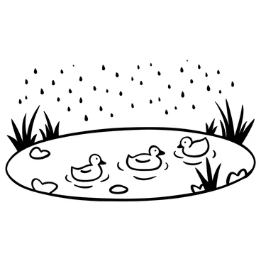 A group of ducks swimming in a calm pond, with their bodies partially submerged in the water. Ripples are spreading out in circular patterns from various raindrops falling onto the pond's surface. Small patches of lily pads are visible along the edges of the pond. The surrounding area features tall grasses bending slightly under the rain. The overall scene conveys a sense of tranquility in nature.