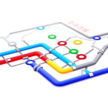 A close-up of a subway map with vibrant, colorful lines representing different subway routes. Each line is a distinct color, ranging from bright red to deep blue, creating a striking contrast against the background. The map features various stations marked with circular icons in bold colors, making them easily identifiable. The station names are clearly labeled in a modern font. The overall layout is intricate, showcasing the complexities of the subway system with interconnections and junctions highlighted for clarity.