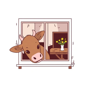 A two-headed calf with soft brown fur is peering through a white farmhouse window, its large curious eyes looking inside. The window is framed with simple wooden accents, and the inside of the farmhouse is softly lit. There is a rustic wooden table visible through the window, with a small vase of yellow flowers sitting on it. The calf's ears are perked up, and it has one head slightly tilted, showcasing its curiosity about the interior. The scene captures the blend of the natural world outside and the cozy ambiance of the farmhouse inside.