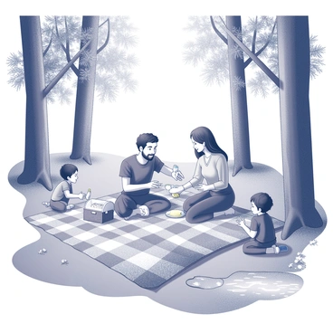 A family gathered together in a forest clearing. They sit on a large checkered blanket spread across the grass. The parents are smiling as they serve food from a picnic basket, while the children are playing nearby, some running around and others sitting and enjoying snacks. Tall trees surround the clearing, with dappled sunlight filtering through the leaves, casting shadows on the ground. A nearby stream can be seen, with gentle ripples reflecting the surrounding greenery.