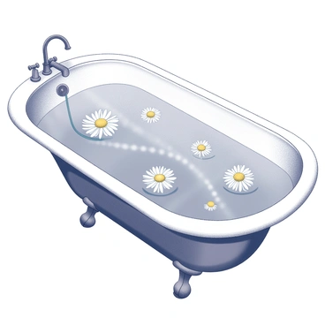 A bathtub filled with water, reflecting the gentle surface turbulence. Floating atop the water's surface are several chamomile flowers, their delicate white petals unfurling in the liquid. The scene includes the curved edges of the bathtub, with subtle details like a faucet and a bath mat nearby. The overall composition suggests tranquility, with the chamomile flowers softly bobbing in the water.