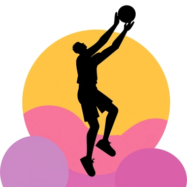 A silhouette of "Anthony Edwards" performing a high jump for a dunk. The figure is captured in mid-air, with arms extended and legs bent, showcasing the dynamics of the jump. The background features a vibrant "sunset" with shades of orange, pink, and purple blending together. The silhouette contrasts sharply against the bright colors of the sky, emphasizing the action of the dunk. The scene captures the energy and excitement of the moment.