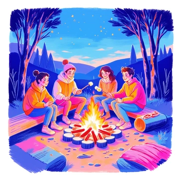 A cozy campfire scene features a circle of friends sitting on logs around a crackling fire. One friend is holding a long stick with a marshmallow skewered at the end, while another is toasting a marshmallow over the flames. The fire emits warm orange and yellow hues, casting light on their smiling faces. In the background, a clear night sky is filled with twinkling stars, and silhouettes of trees frame the scene. A few blankets are draped over the logs, adding to the warmth of the atmosphere.