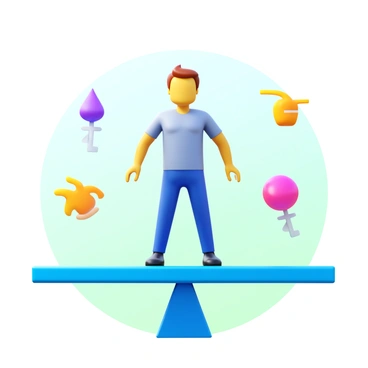 A person standing on a narrow balance beam with arms outstretched for stability. The individual has a neutral expression, representing focus and determination. Surrounding the balance beam are colorful hormone symbols, such as estrogens, testosterone, and cortisol, floating gently in the air. The background features a soft gradient that shifts from light blue to soft green, enhancing the theme of balance and harmony. The overall composition conveys a sense of equilibrium and well-being.