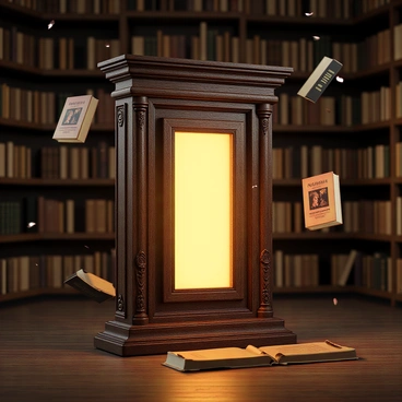A portal disguised as an antique bookcase stands in an old library filled with wooden shelves lined with books. The bookcase has intricate carvings and a rich, dark wood finish. Glowing pages emanate a soft, warm light from within, illuminating the surrounding area. Floating books hover around the portal, their covers displaying various titles and illustrations. Dust particles gently drift through the air, caught in the light from the portal, enhancing the mysterious atmosphere of the library.