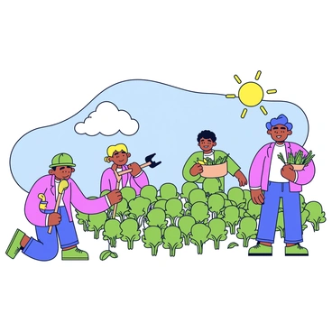 A group of Sapiens working in a small crop field. The field is filled with rows of green plants, indicating healthy growth. Each Sapien is using simple farming tools, such as a wooden hoe and a handheld spade. One Sapien is kneeling down, carefully removing weeds from around the plants, while another is standing and holding a basket filled with freshly harvested vegetables. The sun is shining brightly overhead, casting soft shadows on the ground, and a few fluffy clouds can be seen in the blue sky.