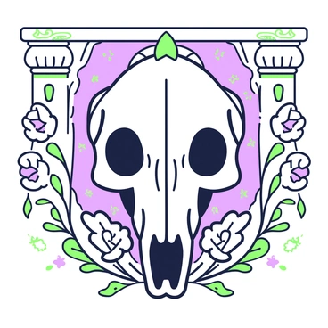 A dog skull is positioned at the center of the artwork, showcasing intricate details of its structure. Surrounding the skull are ornate floral patterns and decorative flourishes that fill the composition, adding a sense of elegance. The background features a series of classical motifs, including scrolls and columns that frame the central piece. Delicate shadows and highlights enhance the three-dimensional quality of the skull, drawing the viewer's attention to its unique characteristics. Small elements such as vines and leaves intertwine around the skull, further enriching the intricate design of the entire image.