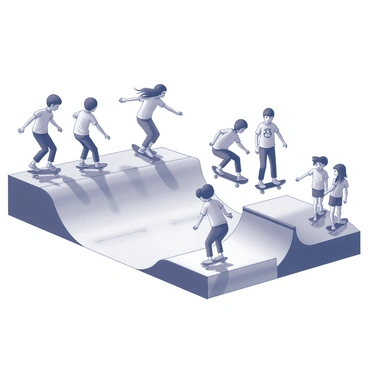A 1970s skate park with kids riding on old-school skateboards