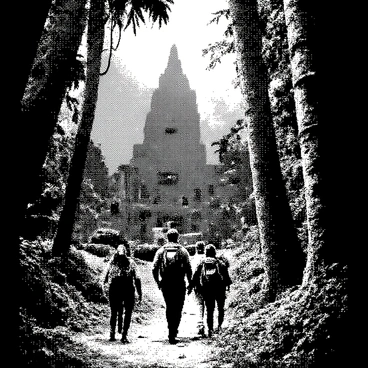 A group of adventurers is making their way through a dense jungle filled with thick foliage. Tall trees tower above them, their trunks covered in vines and moss. The ground is uneven, littered with fallen leaves and branches. In the background, there are ancient, hidden temples partially obscured by the surrounding greenery, revealing crumbling stone ruins with intricate carvings. Various wild animals can be seen amidst the underbrush, such as monkeys climbing through the branches, brightly patterned birds perched on limbs, and a distant jaguar peering through the leaves. The atmosphere is alive with the sounds of nature, adding to the sense of adventure.