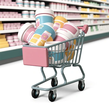 A shopping cart, made of shiny metal, is filled to the brim with colorful tubs of ice cream. Each tub features vibrant labels indicating different flavors such as "chocolate," "vanilla," "strawberry," and "mint chocolate chip." The tubs are arranged haphazardly, some slightly tilting, with a few spilling over the edge of the cart. The cart has black rubber wheels and a red handle, standing on a tiled surface. In the background, there are shelves laden with more ice cream products, adding to the bustling ambiance of a grocery store.