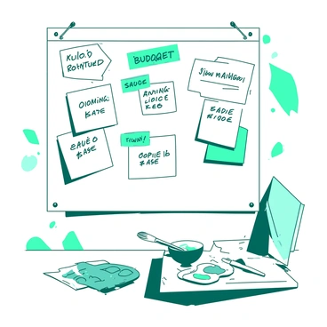 A white bulletin board mounted on a wall in an art studio is filled with colorful budget notes and various art ideas. The notes come in different sizes, displaying handwritten prices and sketches. Tacks hold the papers securely in place, and a few are slightly curled at the edges. Surrounding the bulletin board are paint splatters in a teal shade, hinting at the creative activities that take place in the studio. A paintbrush and an artist's palette sit nearby on a wooden table, adding to the artistic atmosphere.