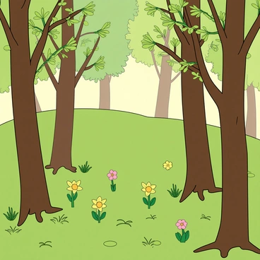 A vibrant forest scene during springtime, showcasing tall trees with fresh, green leaves just starting to bud. The sunlight filters through the branches, casting playful shadows on the ground. Various colorful flowers are blooming across the forest floor, including bright yellow daffodils and delicate pink blossoms. A gentle breeze causes the leaves to sway slightly, adding movement to the tranquil scene. Small patches of grass peek through the soil, completing the lively atmosphere of the forest in full bloom.