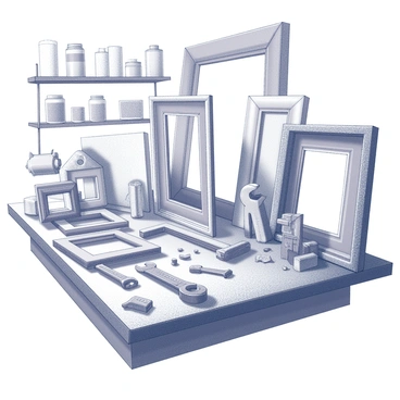 A repair station set up for picture frames. The scene is cluttered with various tools such as wrenches, pliers, and saws neatly arranged on a wooden workbench. Old frame parts, including ornate corners, dusty glass panes, and assorted hardware, are scattered around the workspace. In the background, shelves hold additional supplies, like rolls of sandpaper and cans of glue. The overall atmosphere conveys a sense of craftsmanship and dedication to restoring picture frames.