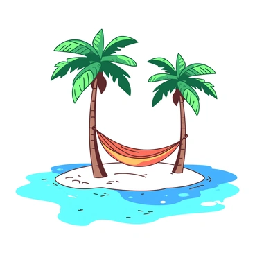A small tropical island surrounded by clear blue water features several tall palm trees with lush green leaves. In the center of the island, there is a vibrant orange hammock gently swaying between two palm trees. Soft white sand covers the ground beneath the hammock, and small waves can be seen lapping at the shore. The sun casts a warm glow over the scene, highlighting the tranquil setting.