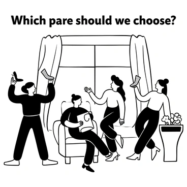 A group of bridesmaids gathered in a bright, airy room, each holding a different pair of shoes in their hands. One bridesmaid stands with a sparkling pair of heels and gestures enthusiastically. Another bridesmaid sits on a chair, examining a pair of elegant flats, while a third leans against a wall, showcasing a set of stylish sandals. The room is decorated with soft drapes and delicate floral arrangements on a nearby table. Words "Which pair should we choose?" are displayed prominently above the scene.