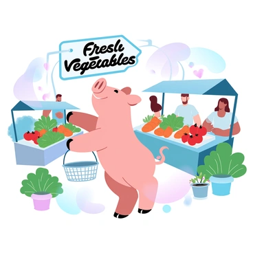 A pig is standing on its hind legs in a bustling farmers' market. The pig has a pink hue and has a small basket in its paws. Surrounding the pig are various stalls filled with fresh vegetables, including bright green lettuce, vivid red tomatoes, and orange carrots laid out neatly. Colorful flowers in pots are placed around the market, and customers are seen browsing the produce. A large sign above one of the stalls displays the words "Fresh Vegetables" in bold letters. The atmosphere is lively with people interacting and enjoying the market scene.