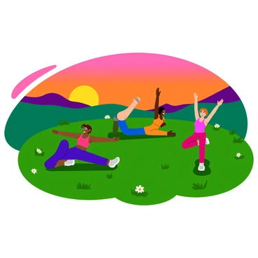 A group of yoga enthusiasts practicing various stretches on a grassy hilltop. The hilltop is surrounded by gentle slopes and dotted with wildflowers. The sky is filled with vibrant hues of orange, pink, and purple as the sun sets on the horizon. Each enthusiast is dressed in colorful athletic wear, showcasing diverse poses such as downward dog and tree pose. Their shadows stretch long across the grass, adding depth to the scene. In the background, silhouettes of distant mountains can be seen against the colorful sky.
